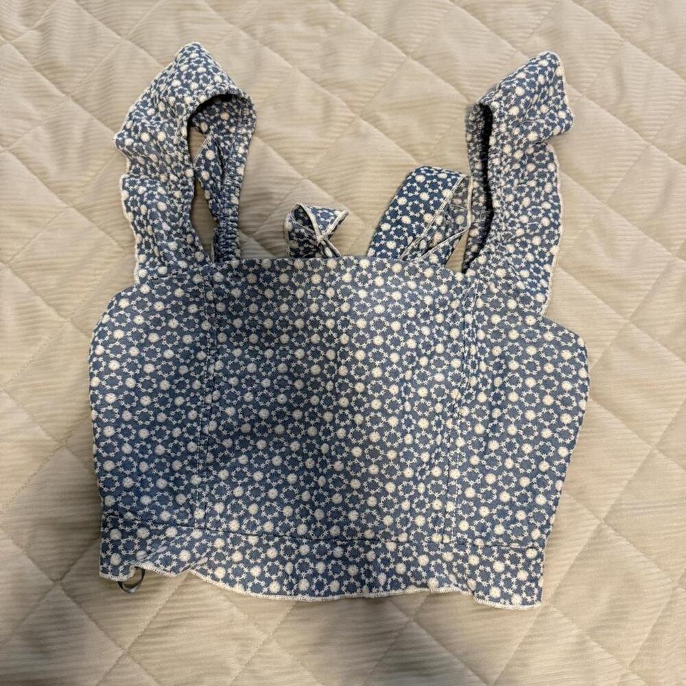 Blue Ditsy Floral Ruffle Strap Square Neck Crop Top